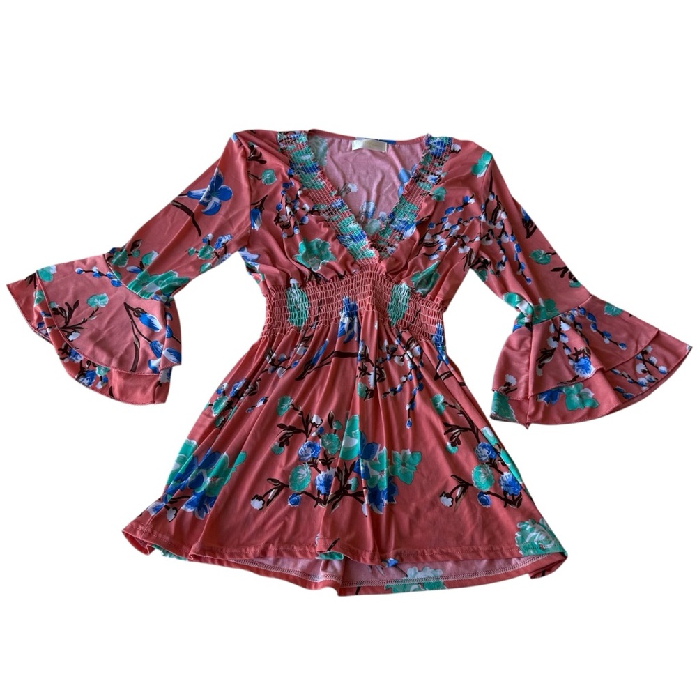 Y2K Babydoll V Neck Pink and Floral Tunic Top Smocked Waist with Bell Sleeves